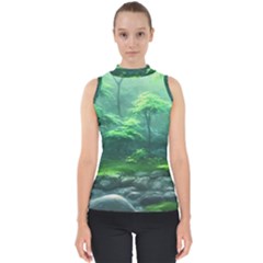 River Forest Woods Nature Rocks Japan Fantasy Mock Neck Shell Top by Uceng