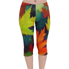 Leaves Foliage Autumn Nature Forest Fall Velvet Capri Leggings  by Uceng