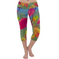 Leaves Foliage Autumn Branch Trees Nature Forest Capri Yoga Leggings by Uceng