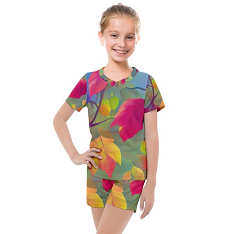 Leaves Foliage Autumn Branch Trees Nature Forest Kids  Mesh Tee And Shorts Set by Uceng