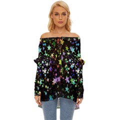 Christmas Star Gloss Lights Light Off Shoulder Chiffon Pocket Shirt by Uceng