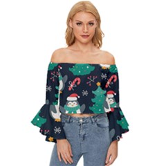 Colorful Funny Christmas Pattern Off Shoulder Flutter Bell Sleeve Top by Uceng