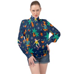 Colorful Funny Christmas Pattern High Neck Long Sleeve Chiffon Top by Uceng