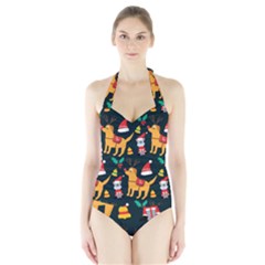 Funny Christmas Pattern Background Halter Swimsuit by Uceng