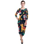 Funny Christmas Pattern Background Quarter Sleeve Midi Velour Bodycon Dress