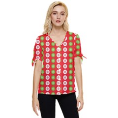 Festive Pattern Christmas Holiday Bow Sleeve Button Up Top by Ravend