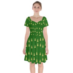 Green Christmas Trees Green Short Sleeve Bardot Dress by TetiBright