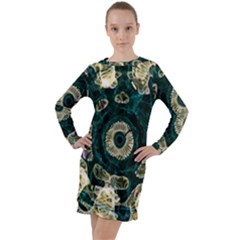 Fractal Glowing Kaleidoscope Wallpaper Art Design Long Sleeve Hoodie Dress by Pakemis
