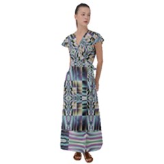 Modern Art Abstract Pattern Flutter Sleeve Maxi Dress