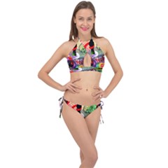 Social Media Interaction Woman Cross Front Halter Bikini Set