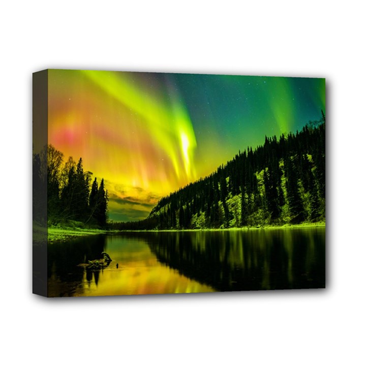 Scenic View Of Aurora Borealis Stretching Over A Lake At Night Deluxe Canvas 16  x 12  (Stretched) 