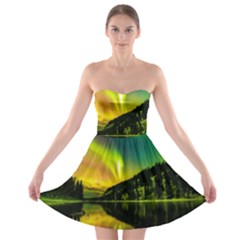 Scenic View Of Aurora Borealis Stretching Over A Lake At Night Strapless Bra Top Dress by danenraven