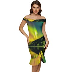 Scenic View Of Aurora Borealis Stretching Over A Lake At Night Off Shoulder Ruffle Split Hem Bodycon Dress by danenraven