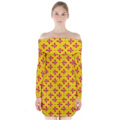 Flowers Shapes On Yellow Long Sleeve Off Shoulder Dress