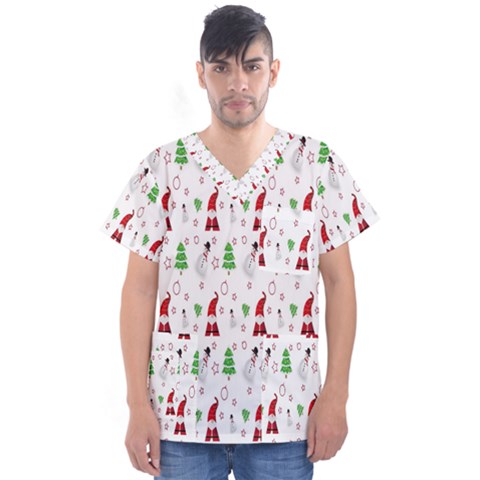 Santa Claus Snowman Christmas  Men s V-neck Scrub Top by artworkshop