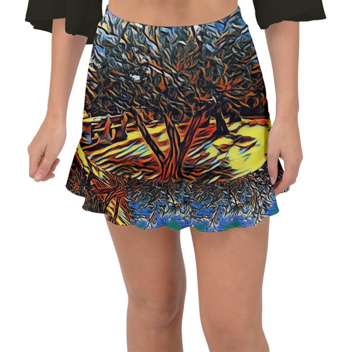 Colorful Verona Olive tree Fishtail Mini Chiffon Skirt