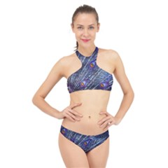 Peacock-feathers-color-plumage Blue High Neck Bikini Set by danenraven