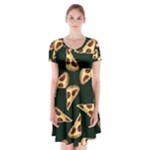 Pizza Slices Pattern Green Short Sleeve V-neck Flare Dress