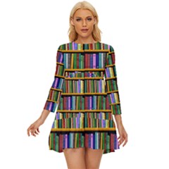 Books On A Shelf Long Sleeve Babydoll Dress by TetiBright