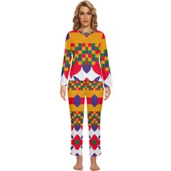 Red Flowers And Colorful Squares                                                        Womens  Long Sleeve Lightweight Pajamas Set by LalyLauraFLM
