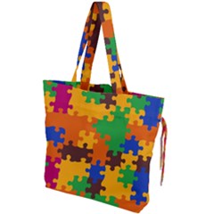 Retro Colors Puzzle Pieces                                                                      Drawstring Tote Bag by LalyLauraFLM