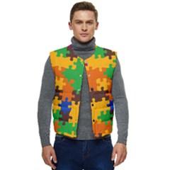 Retro Colors Puzzle Pieces                                                              Men s Short Button Up Puffer Vest by LalyLauraFLM