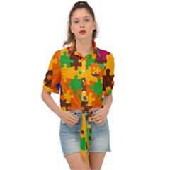 Retro Colors Puzzle Pieces                                                                        Tie Front Shirt by LalyLauraFLM