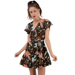 Vintage Floral Pattern Flutter Sleeve Wrap Dress