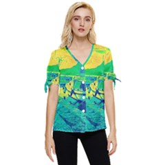 Blue And Green Boat Modern  Bow Sleeve Button Up Top by ConteMonfrey