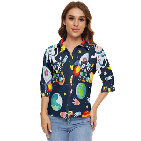 Space Galaxy Seamless Background Women s Quarter Sleeve Pocket Shirt by Jancukart