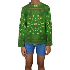 Lotus Bloom In Gold And A Green Peaceful Surrounding Environment Kids  Long Sleeve Swimwear by pepitasart