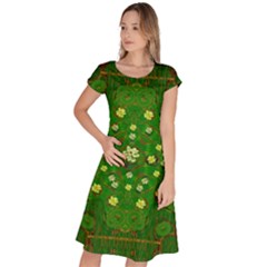 Lotus Bloom In Gold And A Green Peaceful Surrounding Environment Classic Short Sleeve Dress by pepitasart