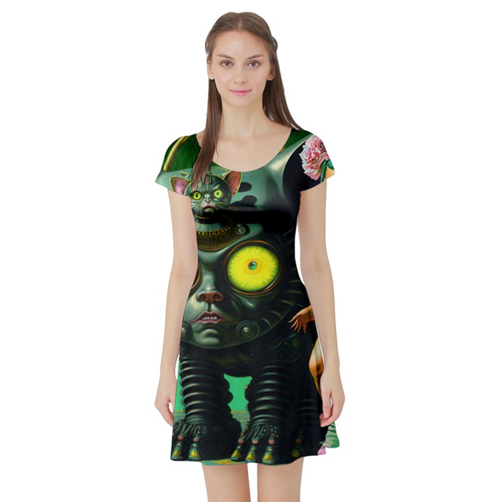 Little Girl With Cyborg Kitten Short Sleeve Skater Dress