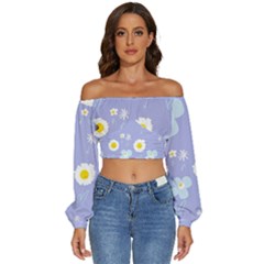 Daisy Flowers Blue White Yellow Lavender Long Sleeve Crinkled Weave Crop Top