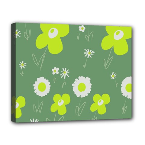 Daisy Flowers Lime Green White Forest Green  Canvas 14  X 11  (stretched)