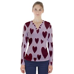 Valentine Day Heart Love Pattern V-neck Long Sleeve Top by artworkshop
