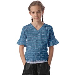 White And Blue Brick Wall Kids  V-neck Horn Sleeve Blouse