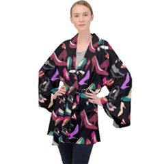 Heels Shoes Pattern Feminine Art Long Sleeve Velvet Kimono 