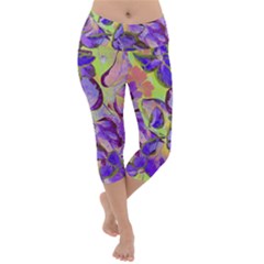 Purple Leaves Lightweight Velour Capri Yoga Leggings by DinkovaArt