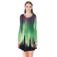 Aurora Borealis Northern Lights Nature Long Sleeve V-neck Flare Dress
