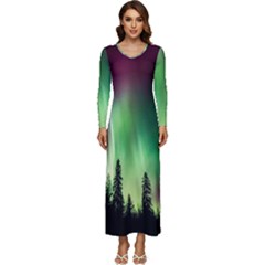 Aurora Borealis Northern Lights Nature Long Sleeve Velour Longline Maxi Dress