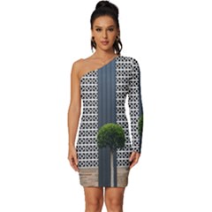 Exterior Building Pattern Long Sleeve One Shoulder Mini Dress by artworkshop