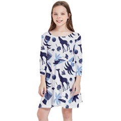 Cute Safari Animals Blue Giraffe Kids  Quarter Sleeve Skater Dress by Stikle