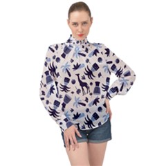 Cute Safari Animals Blue Giraffe High Neck Long Sleeve Chiffon Top by Stikle