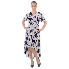 Cute Safari Animals Blue Giraffe Front Wrap High Low Dress by Stikle