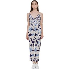 Cute Safari Animals Blue Giraffe V-neck Spaghetti Strap Tie Front Jumpsuit by Stikle