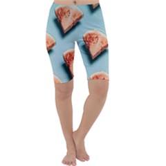 Watermelon Against Blue Surface Pattern Cropped Leggings  by artworkshop