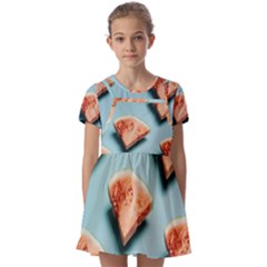 Watermelon Against Blue Surface Pattern Kids  Short Sleeve Pinafore Style Dress by artworkshop