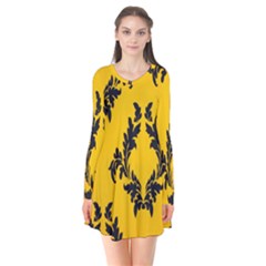 Yellow Regal Filagree Pattern Long Sleeve V-neck Flare Dress by artworkshop