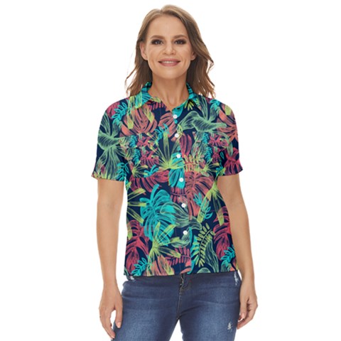 Neon Leaves Women s Short Sleeve Double Pocket Shirt by fructosebat